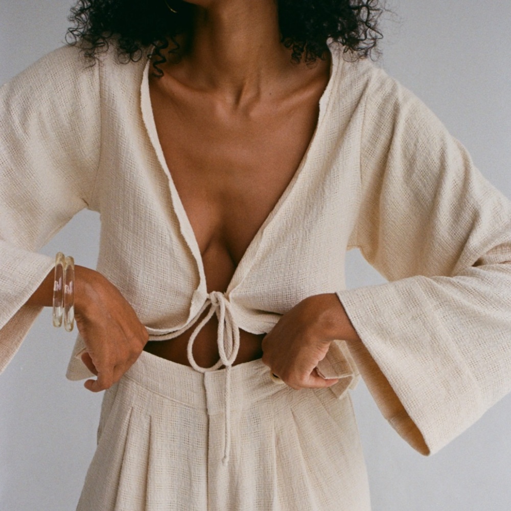 Cream Tie-Front Textured Crop Blouse with Flared Sleeves